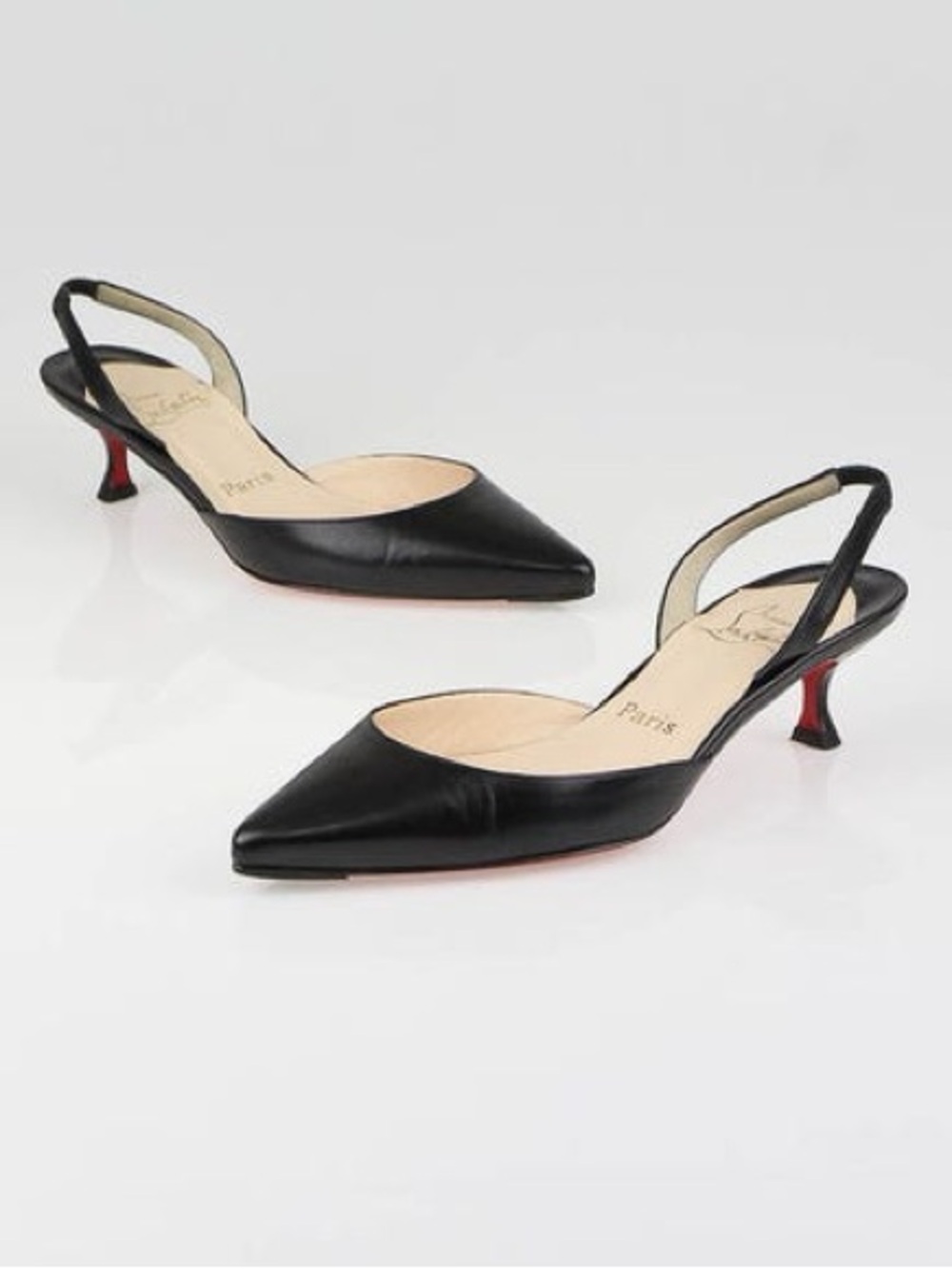 Christian Louboutin Black Slingback Pointed-Toe Kitten Heels with Red Soles